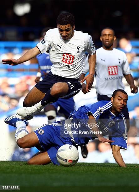 Aaron Lennon of Tottenham Hotspur competes for the ball with Ashley Cole of Chelsea during the FA Cup sponsored by E.ON Quarter Final between Chelsea...