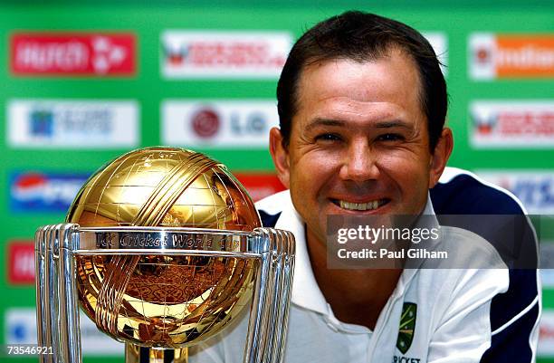 Ricky Ponting of Australia poses with the trophy during the ICC Cricket World Cup 2007 Captain's press conference at the Ritz Carlton Hotel on March...