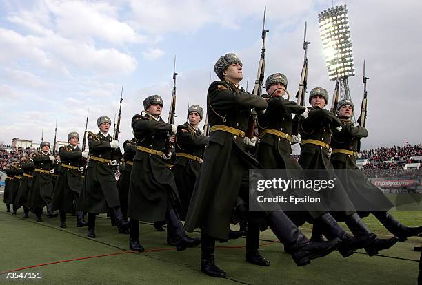 Russian guard of honour march during the Opening ceremony of the Russian Football League Championship before match between FC Dynamo Moscow and FC...