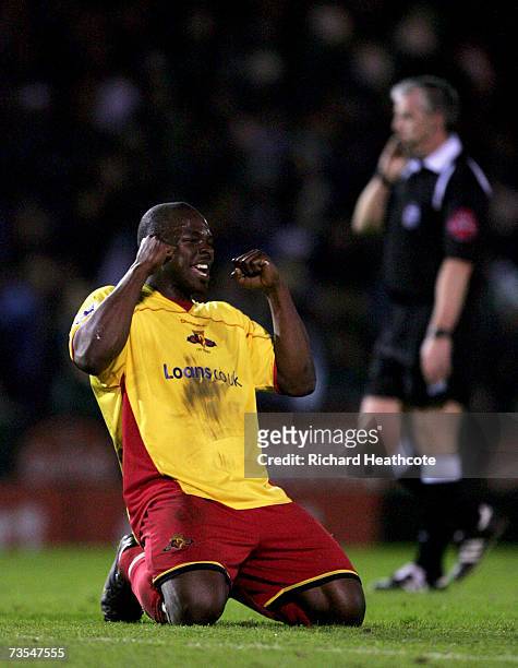 Dan Shittu of Watford celebrates as the referee blows the final whistle during the FA Cup sponsored by E.ON Quarter Final match between Plymouth...