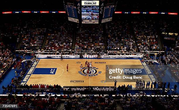 The veiw from above as the North Carolina State Wolfpack tip-off against the North Carolina Tar Heels in the ACC Men's Basketball Tournament...