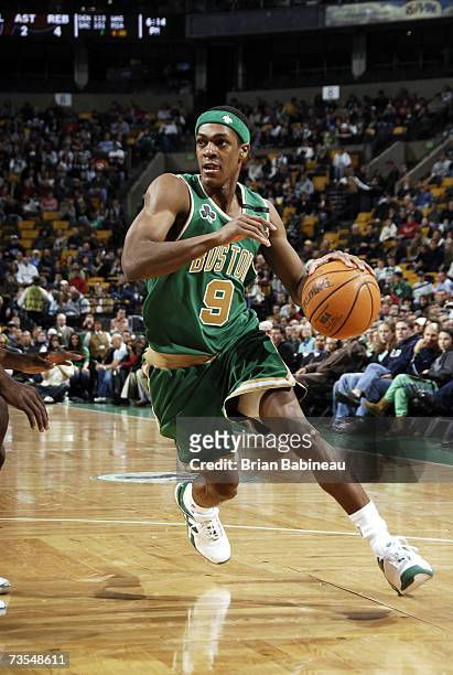Rajon Rondo of the Boston Celtics drives to the basket against the Chicago Bulls at the TD Banknorth Garden March 11, 2007 in Boston, Massachusetts....