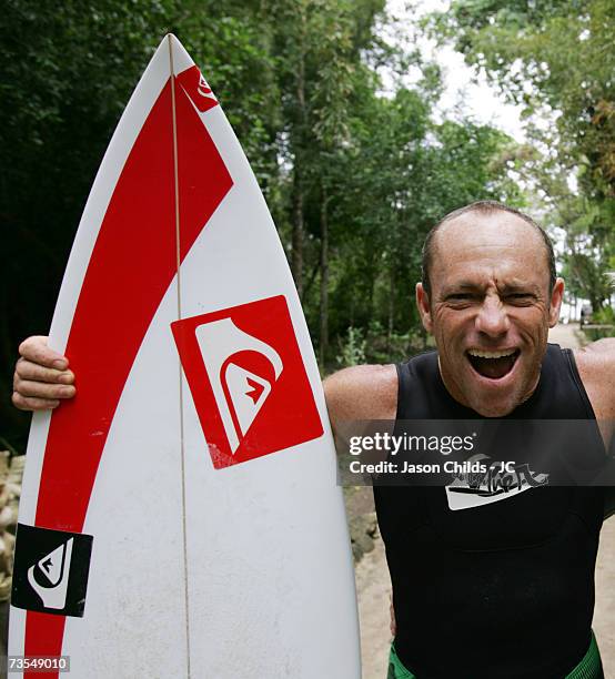 Tom Carroll from Newport Beach, Australia poses Bobby's G-Land Surf Camp June 21, 2006 in Grajagan, Indonesia.