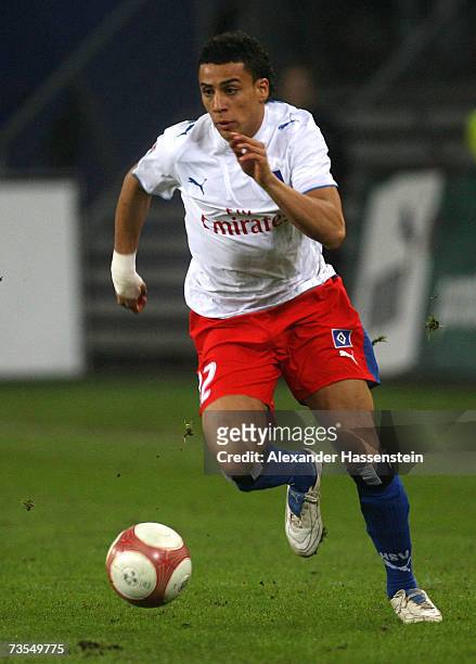 Aenis Ben-Hatira of Hamburg runs with the ball during the Bundesliga match between Hamburger SV and Bayer Leverkusen at the AOL Arena on March 11,...