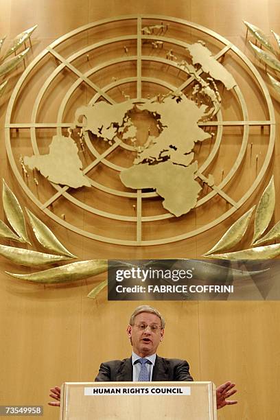 Sween's Foreign minister Carl Bildt delivers his speech before the fourth UN Human Rights Council 12 March 2007, in Geneva. The Human Rights Council...