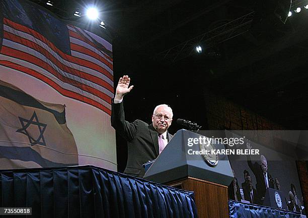 Washington, UNITED STATES: US Vice President Dick Cheney waves to the audience following his address at the American Israel Publlic Affairs Committee...