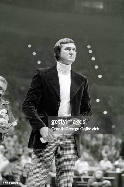 Head coach Jerry West of the Los Angeles Lakers on the sideline during a National Basketball Association game against the Cleveland Cavaliers at the...