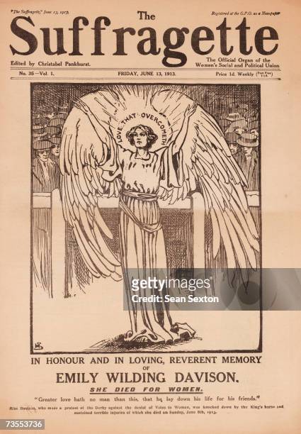 The front page of The Suffragette newspaper depicts Emily Wilding Davison, who died under the hooves of the King's horse at Epsom, as an angel, 13th...
