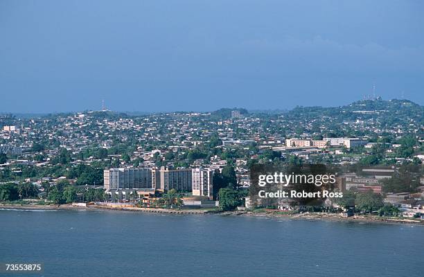 aerial view of capital city libreville & coastline - libreville stock pictures, royalty-free photos & images