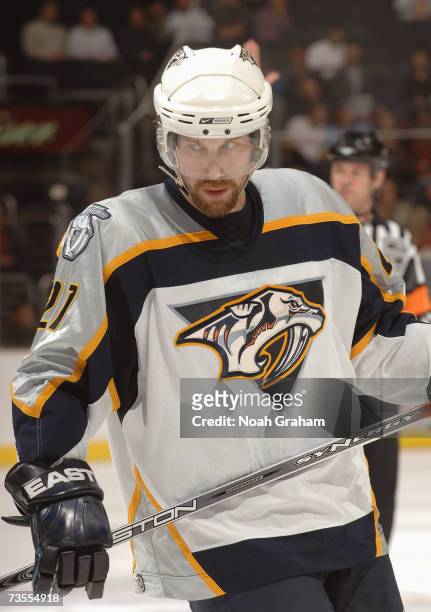 Peter Forsberg of the Nashville Predators looks on during a break in NHL game action against the Los Angeles Kings on March 3, 2007 at the Staples...