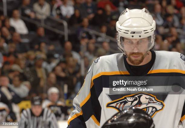 Peter Forsberg of the Nashville Predators looks on during a break in NHL game action against the Los Angeles Kings on March 3, 2007 at the Staples...