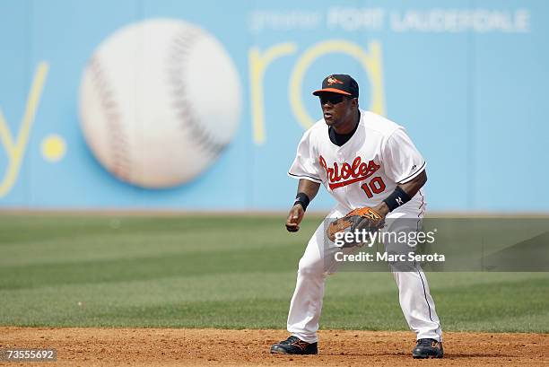 Shortstop Miguel Tejada of the Baltimore Orioles stands ready to field against the Florida Marlins at Ft. Lauderdale Stadium during spring training...