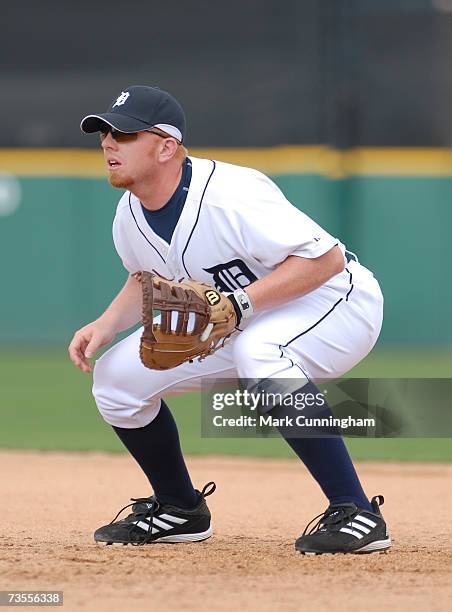 Chris Shelton of the Detroit Tigers fields during the game against the Boston Red Sox at Joker Marchant Stadium in Lakeland, Florida on March 10,...