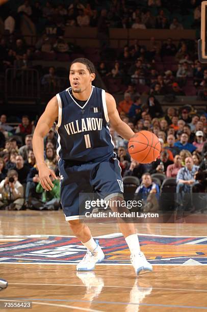 Scottie Reynolds of the Villanova Wildcats dribbles the ball during a game against the Georgetown Hoyas in the Big East College Basketball Tournament...