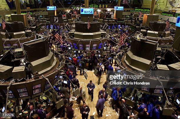 The floor of the New York Stock Exchange is busy with activity January 3, 2001 in New York City. Stocks roared on Wednesday after the Federal Reserve...