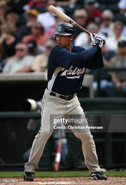 Terrmel Sledge of the San Diego Padres bats against the Kansas City Royals during the MLB spring training game at Surprise Stadium on March 5, 2007...
