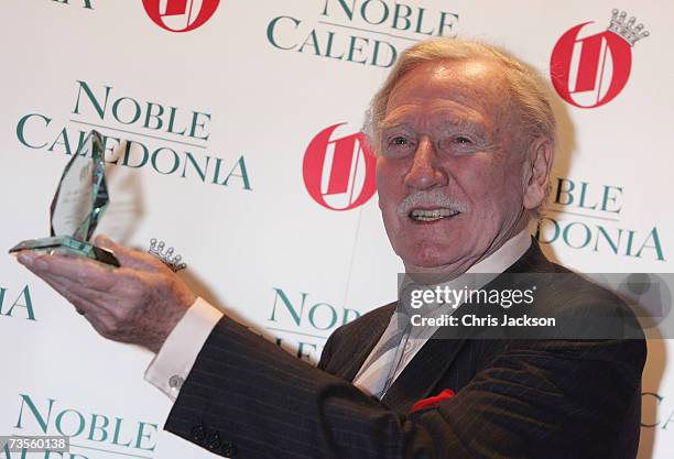 Leslie Phillips poses with his 'Trouper of the Year Award' during The Oldie Magazine's 'Oldie Of The Year Awards 2007' at Simpson's-in-the-Strand on...