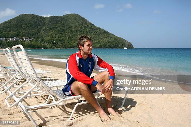 England bowler Liam Plunkett poses for a photograph on the beach beside the team hotel in Rodney Bay, St. Lucia 13 March 2007. England plays New...