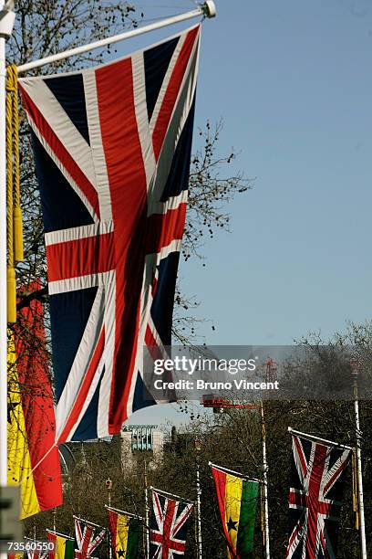 Ghanaian and United Kingdom flags fly along The Mall for the state visit of President of Ghana John Kufuor on March 13, 2007 in London, England. The...