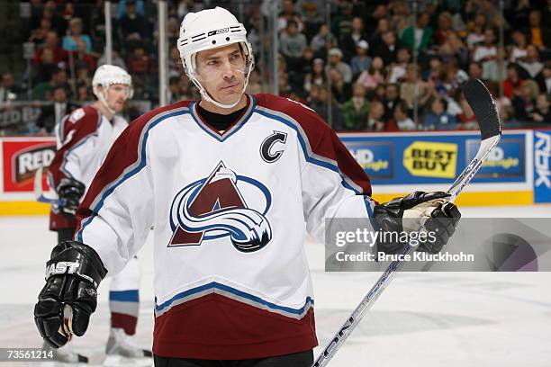 Joe Sakic of the Colorado Avalanche skates against the Minnesota Wild during the game at Xcel Energy Center on March 11, 2007 in Saint Paul,...