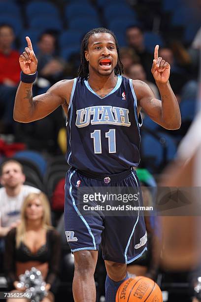 Dee Brown of the Utah Jazz calls out a play during the game against the Minnesota Timberwolves at the Target Center on March 2, 2007 in Minneapolis,...
