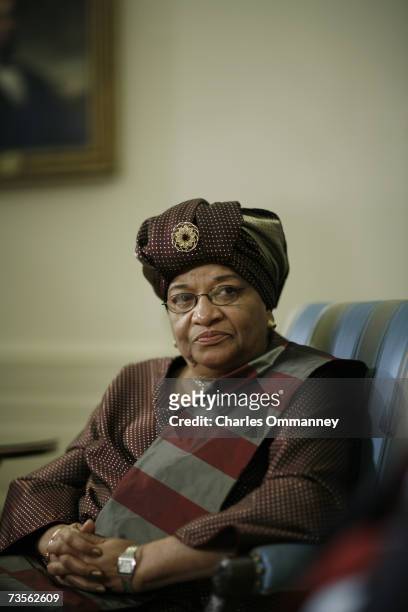 President George W. Bush and President of Liberia Ellen Johnson-Sirleaf speak to the press in the Oval Office of the White House in Washington, DC,...