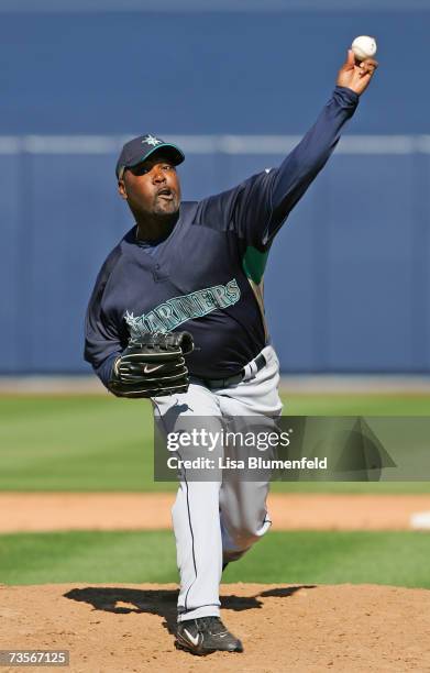 Arthur Rhodes of the Seattle Mariners pitches against the San Diego Padres at Peoria Stadium on March 2, 2007 in Peoria, Arizona.