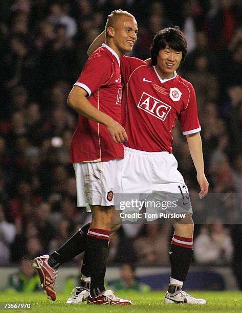 Wes Brown of Manchester United celebrates scoring United's second goal during the UEFA Celebration match commemorating 50 years of Manchester United...