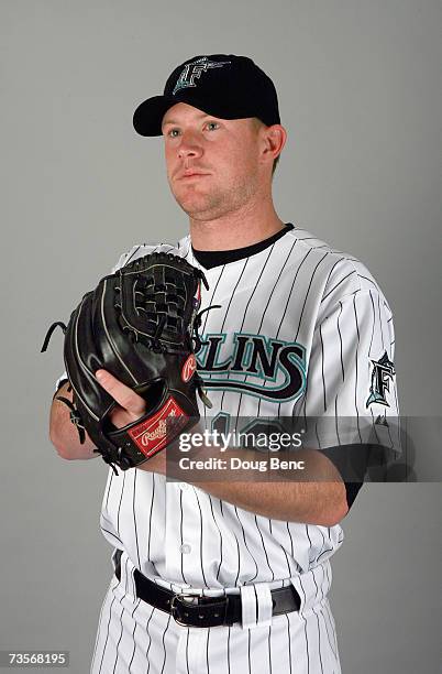 Pitcher Logan Kensing of the Florida Marlins poses during Photo Day on February 23, 2007 at the Marlins training facility in Jupiter, Florida.