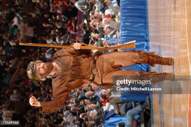 West Virginia Mountaineers mascot performs during a game against the Providence Friars in the Big East College Basketball Tournament First Round at...