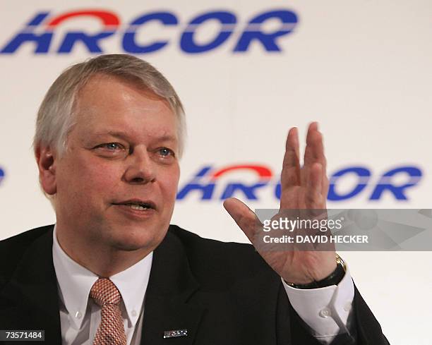Chairman of German telecommunications company Arcor Harald Stoeber gestures as he gives a press conference at the CeBIT computer, digital IT and...