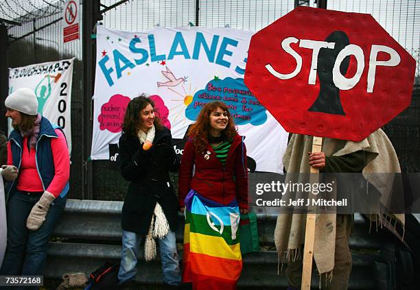 Campaigners protest at the Faslane naval base on the Clyde, home of the Trident Submarine fleet, March 14, 2007 in Faslane, Scotland. MPs will take a...