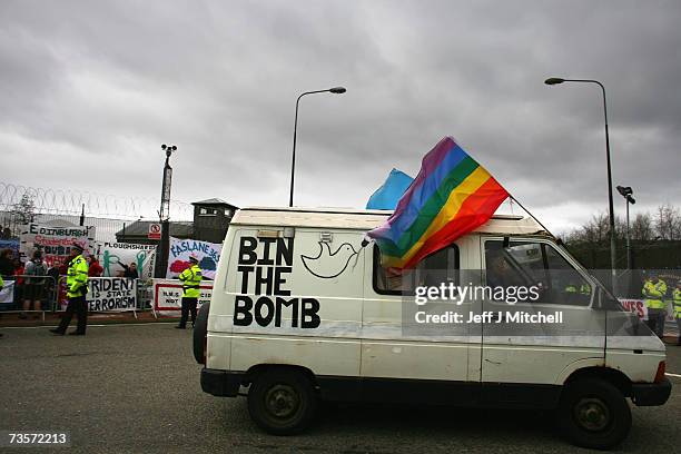 Campaigners protest at the Faslane naval base on the Clyde, home of the Trident Submarine fleet, March 14, 2007 in Faslane, Scotland. MPs will take a...