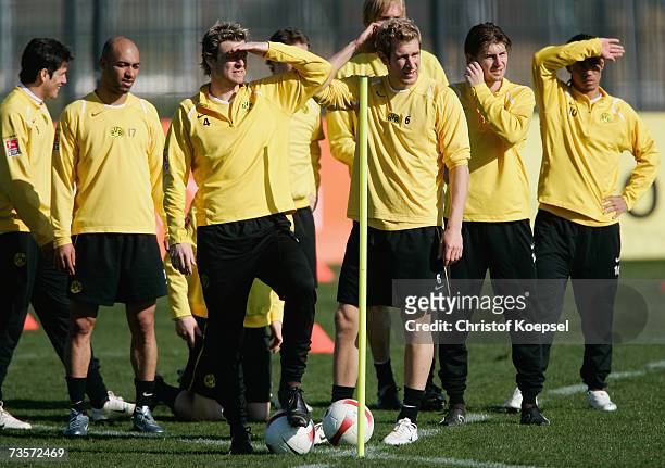 The team of Dortmund watch head coach Thomas Doll during the Borussia Dortmund training session at the training ground on March 14, 2007 in Dortmund,...