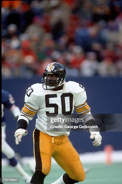 Linebacker David Little of the Pittsburgh Steelers in action against the New York Giants at Giants Stadium circa 1985 in East Rutherford, New Jersey.