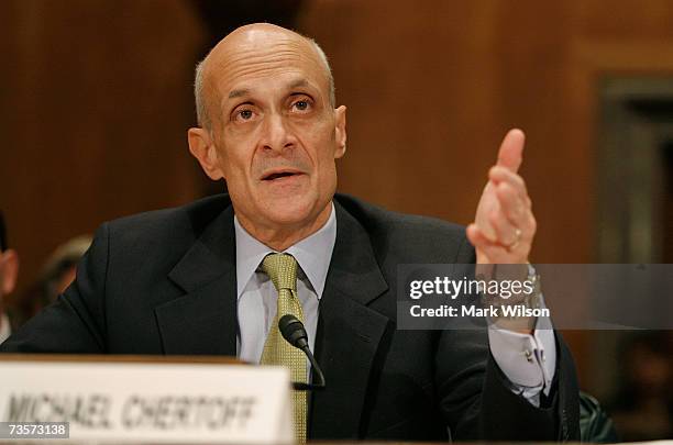 Homeland Security Secretary Michael Chertoff testifies during a Senate Homeland Security and Governmental Affairs Committee hearing on Capitol Hill...