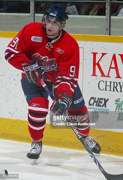 John Tavares of the Oshawa Generals skates against the Peterborough Petes at the Memorial Centre on March 10, 2007 in Peterborough, Ontario, Canada.