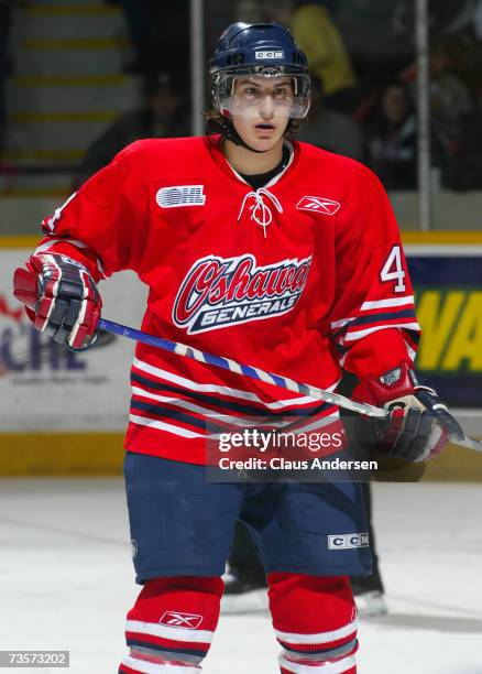 Michael Del Zotto of the Oshawa Generals skates against the Peterborough Petes at the Memorial Centre on March 10, 2007 in Peterborough, Ontario,...