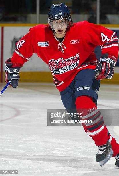 Michael Del Zotto of the Oshawa Generals skates against the Peterborough Petes at the Memorial Centre on March 10, 2007 in Peterborough, Ontario,...
