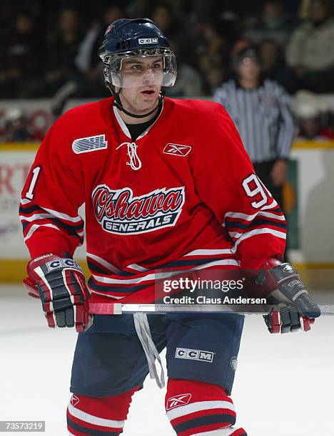 John Tavares of the Oshawa Generals skates against the Peterborough Petes at the Memorial Centre on March 10, 2007 in Peterborough, Ontario, Canada.