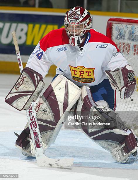 Trevor Cann of the Peterborough Petes gets set to face a shot against the Oshawa Generals at the Memorial Centre on March 10, 2007 in Peterborough,...