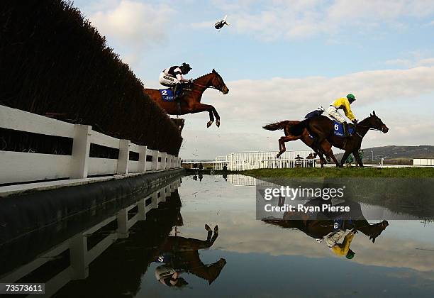 Newmill , ridden by A.J. McNamara and Dempsey , ridden my Noel Fehily clears a Steeple during the Queen Mother Champion Steeple Chase on the second...