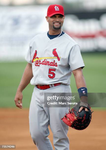 Albert Pujols of the St. Louis Cardinals walks off the field prior to taking on the Baltimore Orioles at Ft. Lauderdale Stadium on March 6, 2007 in...