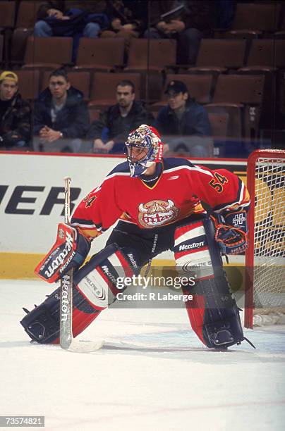 Canadian professional ice hockey player Roberto Luongo, goalie of the QMJHL's Acadie-Bathurst Titan, defends the goal during the league All Star...