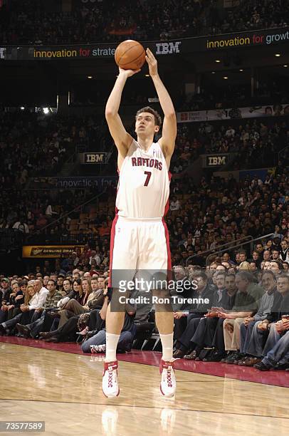 Andrea Bargnani of the Toronto Raptors shoots a jump shot during a game against the Milwaukee Bucks at Air Canada Centre on March 2, 2007 in Toronto,...