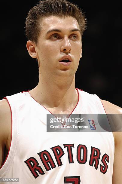 Andrea Bargnani of the Toronto Raptors looks on during a game against the Milwaukee Bucks at Air Canada Centre on March 2, 2007 in Toronto, Ontario,...