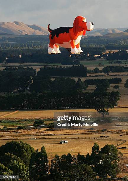 The Beagle Maximus Hot Air Balloon glides across the Wairarapa plains as part of the mass ascension during the Wairarapa International Hot Air...