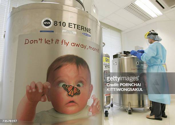 Thai officer collects stem cells from a tank during the stem cells process at Stem Life Company in Bangkok, 01 March 2007. Thai parents often mark...