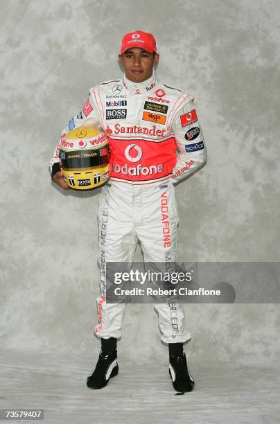 Lewis Hamilton of Great Britain and McLaren Mercedes poses during the pre-season drivers photocall ahead of the Australian Formula One Grand Prix at...