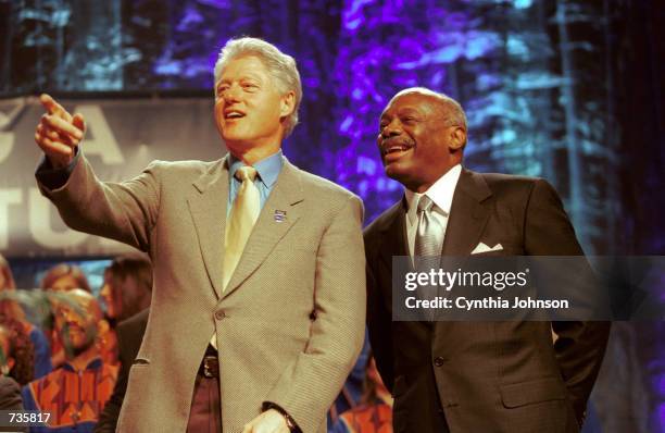 President Bill Clinton with San Francisco Mayor Willie Brown before addressing the audience at a democratic rally at the Esplanade Ballroom at the...